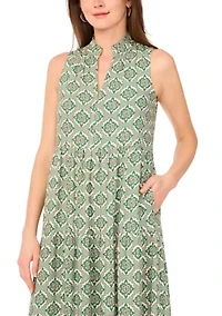Petite Sleeveless Printed Split Neck Dress