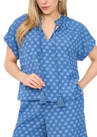 Petite Cap Sleeve Clip Dot Split Neck Blouse