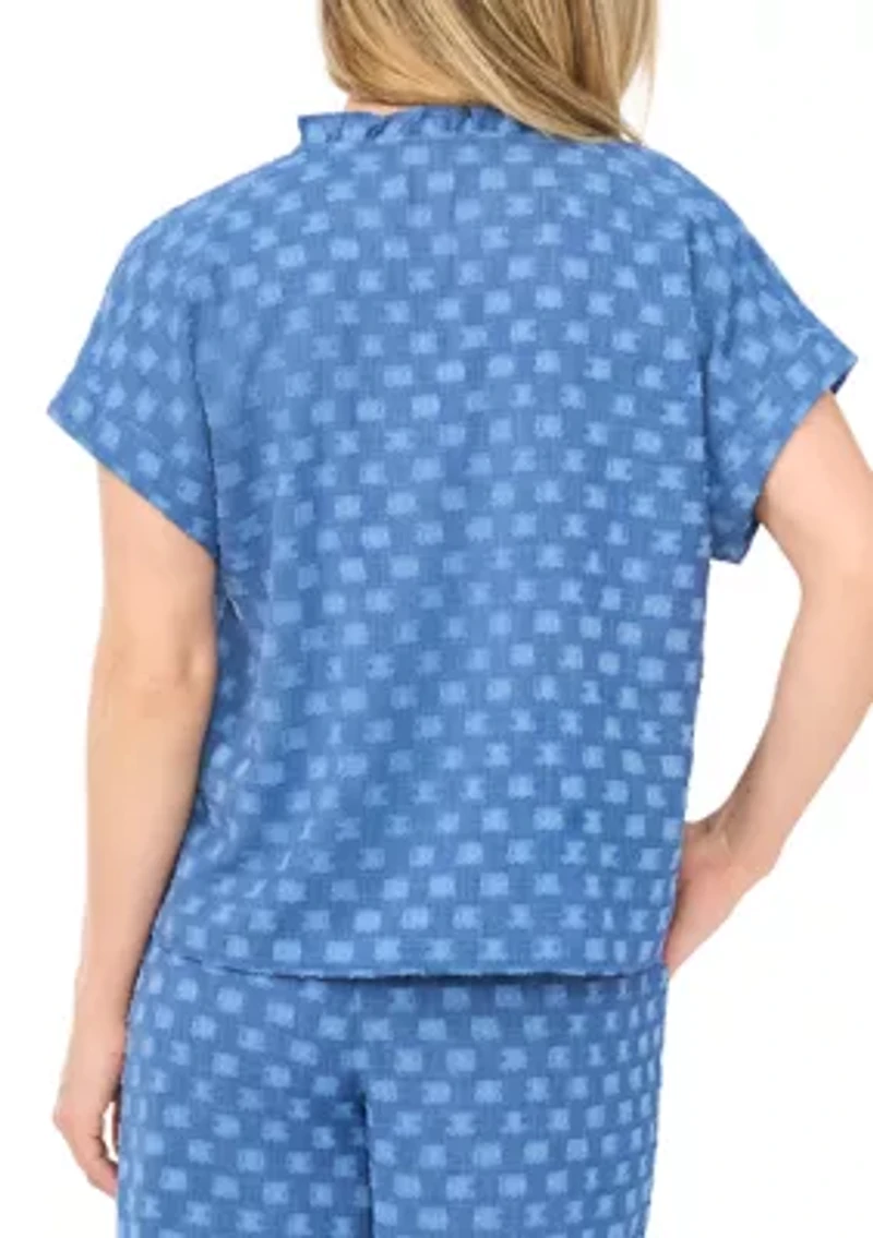 Petite Cap Sleeve Clip Dot Split Neck Blouse