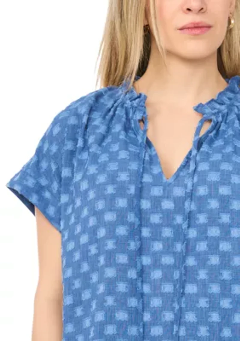 Petite Cap Sleeve Clip Dot Split Neck Blouse