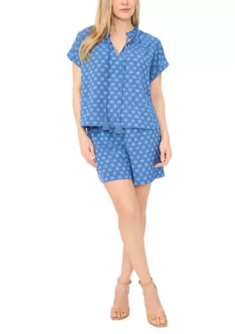 Petite Cap Sleeve Clip Dot Split Neck Blouse