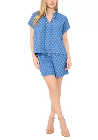 Petite Cap Sleeve Clip Dot Split Neck Blouse