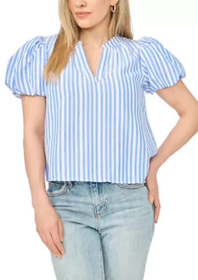 Petite Puff Sleeve Split Neck Striped Blouse
