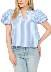 Petite Puff Sleeve Split Neck Striped Blouse