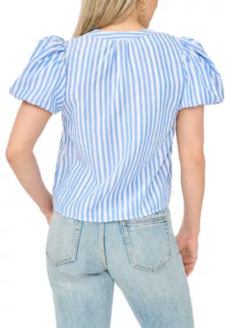 Petite Puff Sleeve Split Neck Striped Blouse