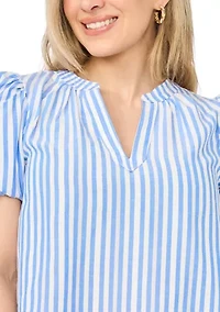 Petite Puff Sleeve Split Neck Striped Blouse