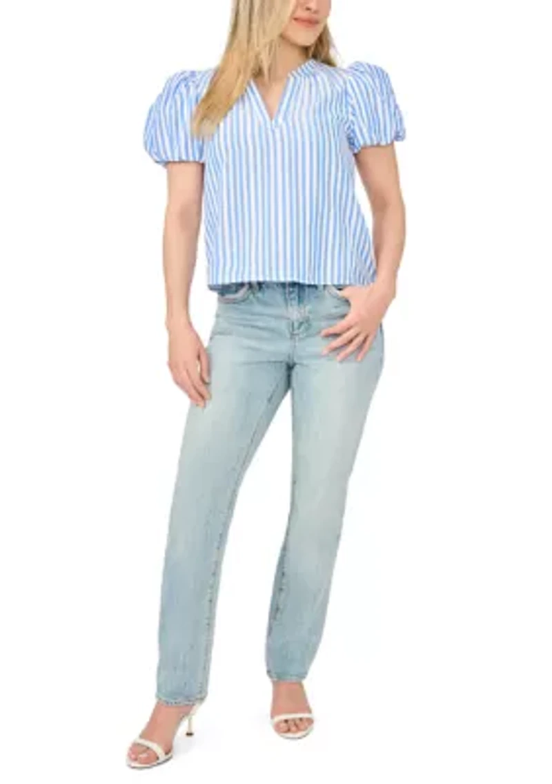 Petite Puff Sleeve Split Neck Striped Blouse