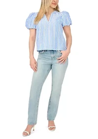 Petite Puff Sleeve Split Neck Striped Blouse