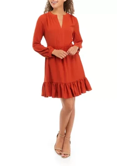 Petite Long Sleeve Split Neck Babydoll Dress