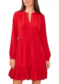 Petite Long Sleeve Split Neck Babydoll Dress