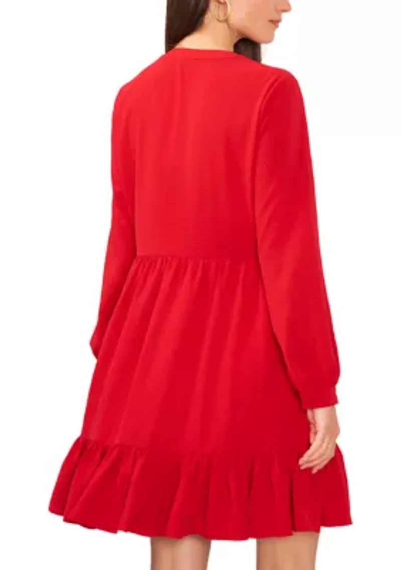 Petite Long Sleeve Split Neck Babydoll Dress