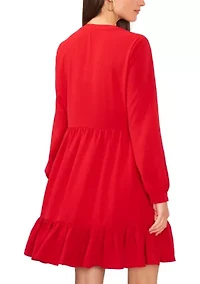 Petite Long Sleeve Split Neck Babydoll Dress