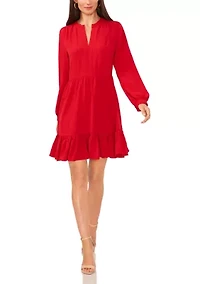 Petite Long Sleeve Split Neck Babydoll Dress