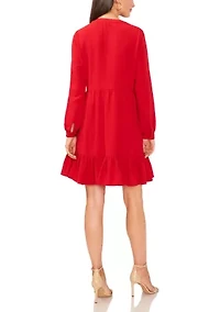 Petite Long Sleeve Split Neck Babydoll Dress