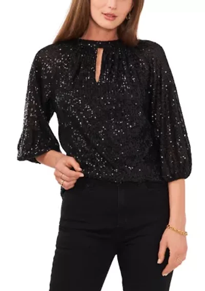 Petite Raglan Sleeve Keyhole Sequin Blouse
