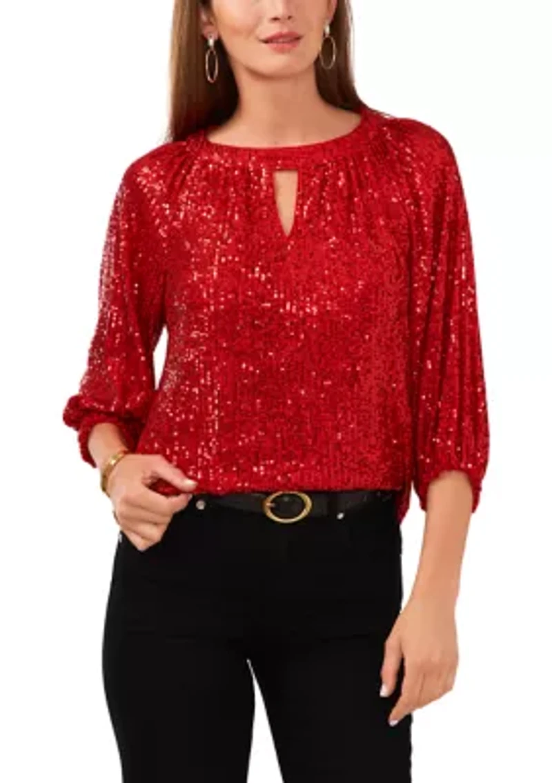 Petite Raglan Sleeve Keyhole Sequin Blouse