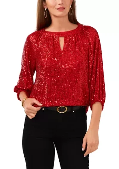 Petite Raglan Sleeve Keyhole Sequin Blouse