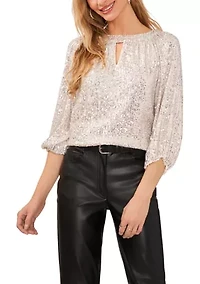 Petite Raglan Sleeve Keyhole Sequin Blouse