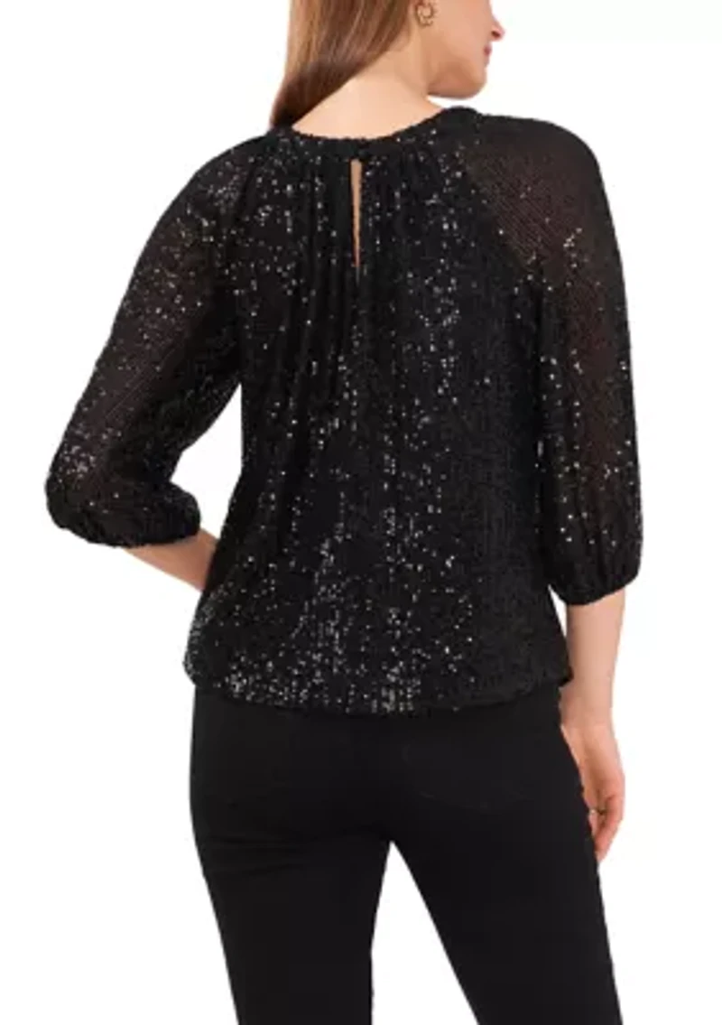 Petite Raglan Sleeve Keyhole Sequin Blouse
