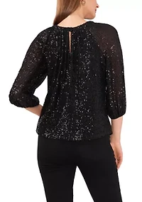 Petite Raglan Sleeve Keyhole Sequin Blouse