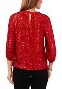 Petite Raglan Sleeve Keyhole Sequin Blouse