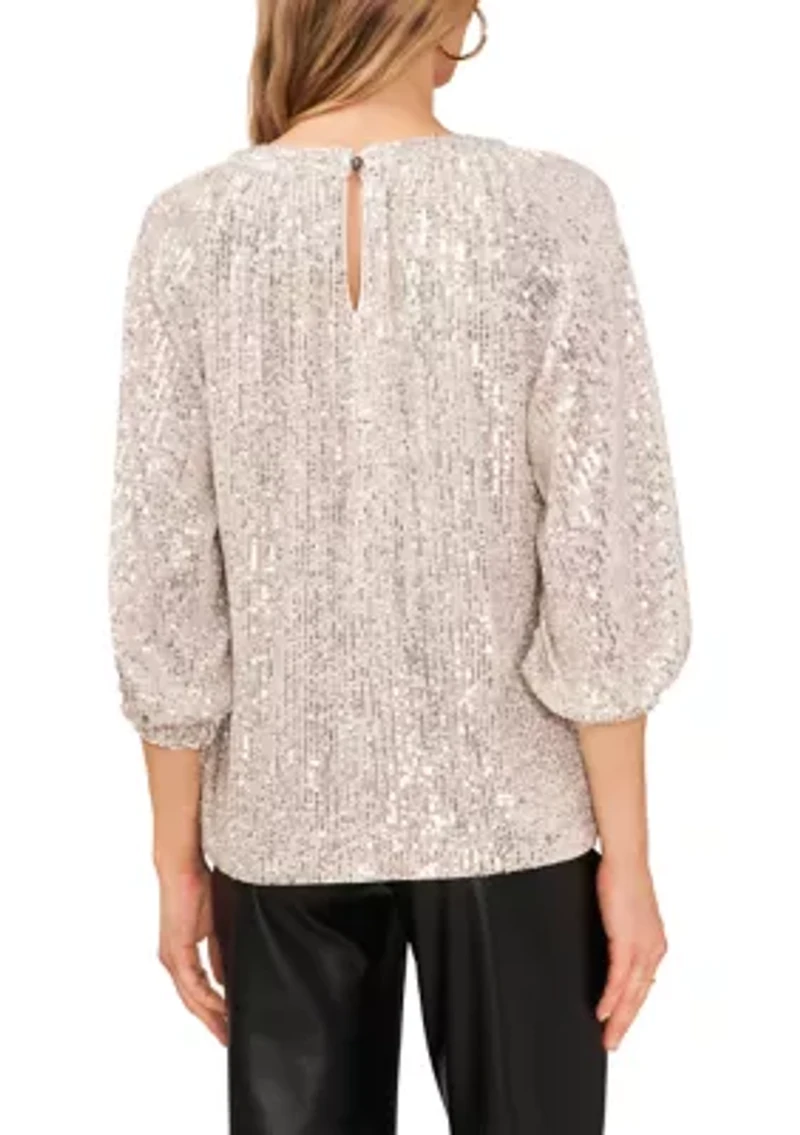 Petite Raglan Sleeve Keyhole Sequin Blouse