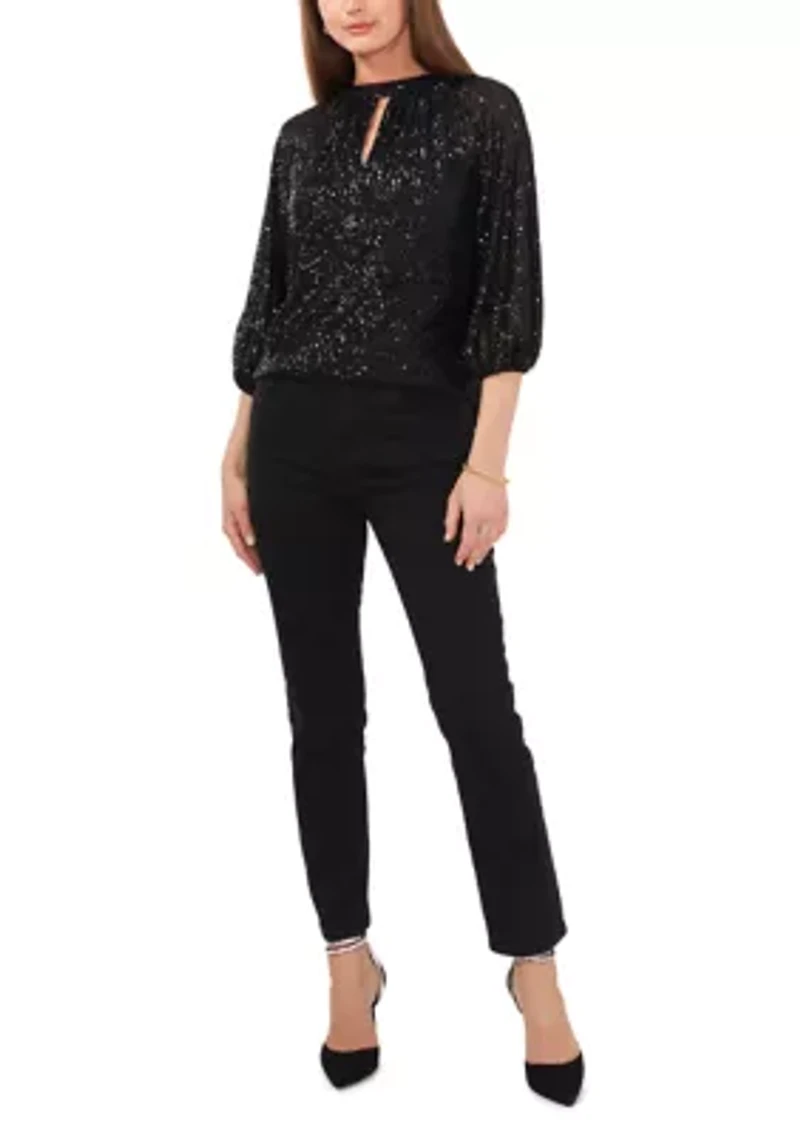 Petite Raglan Sleeve Keyhole Sequin Blouse