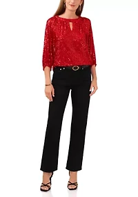 Petite Raglan Sleeve Keyhole Sequin Blouse
