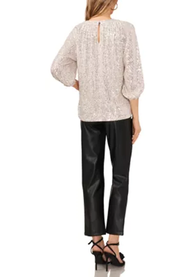 Petite Raglan Sleeve Keyhole Sequin Blouse