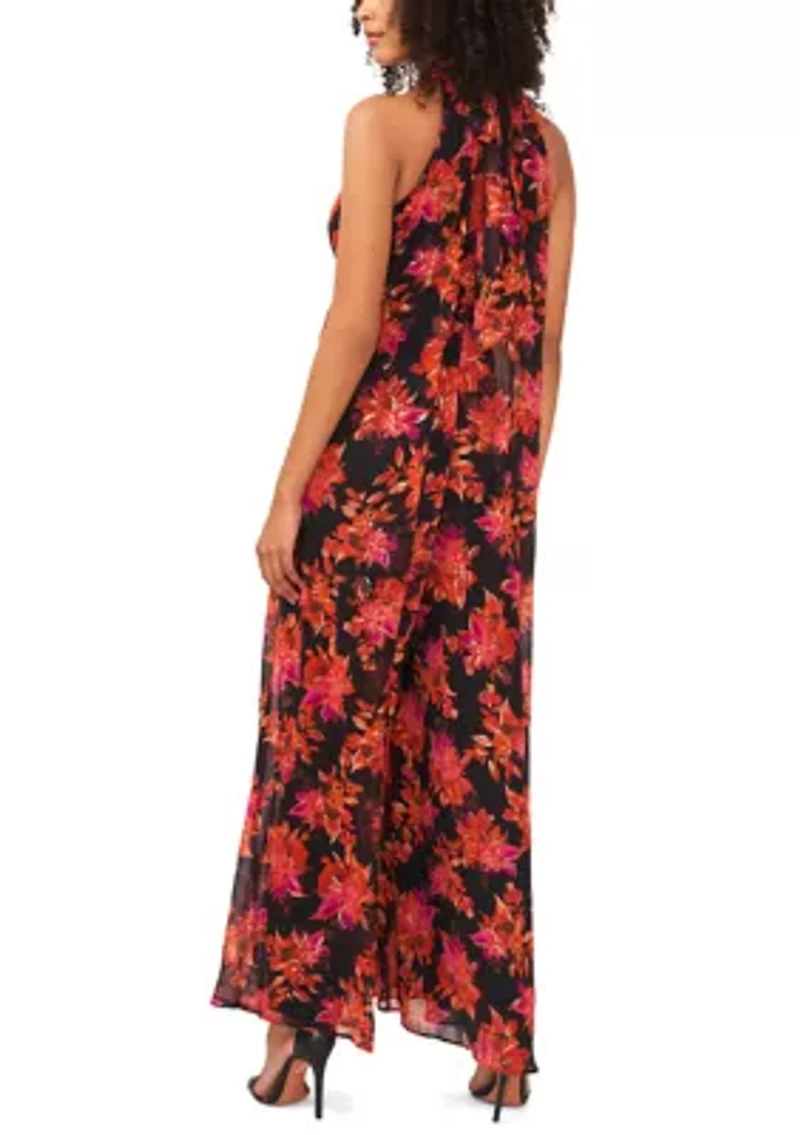 Petite Sleeveless Floral Halter Jumpsuit