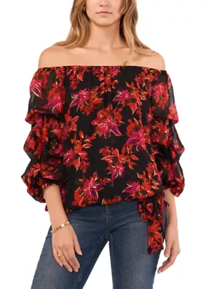 Petite Cha Sleeve Floral Off the Shoulder Top