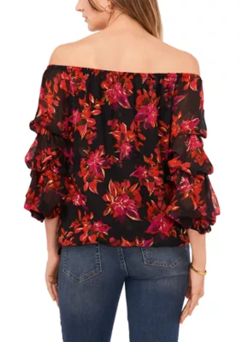Petite Cha Sleeve Floral Off the Shoulder Top