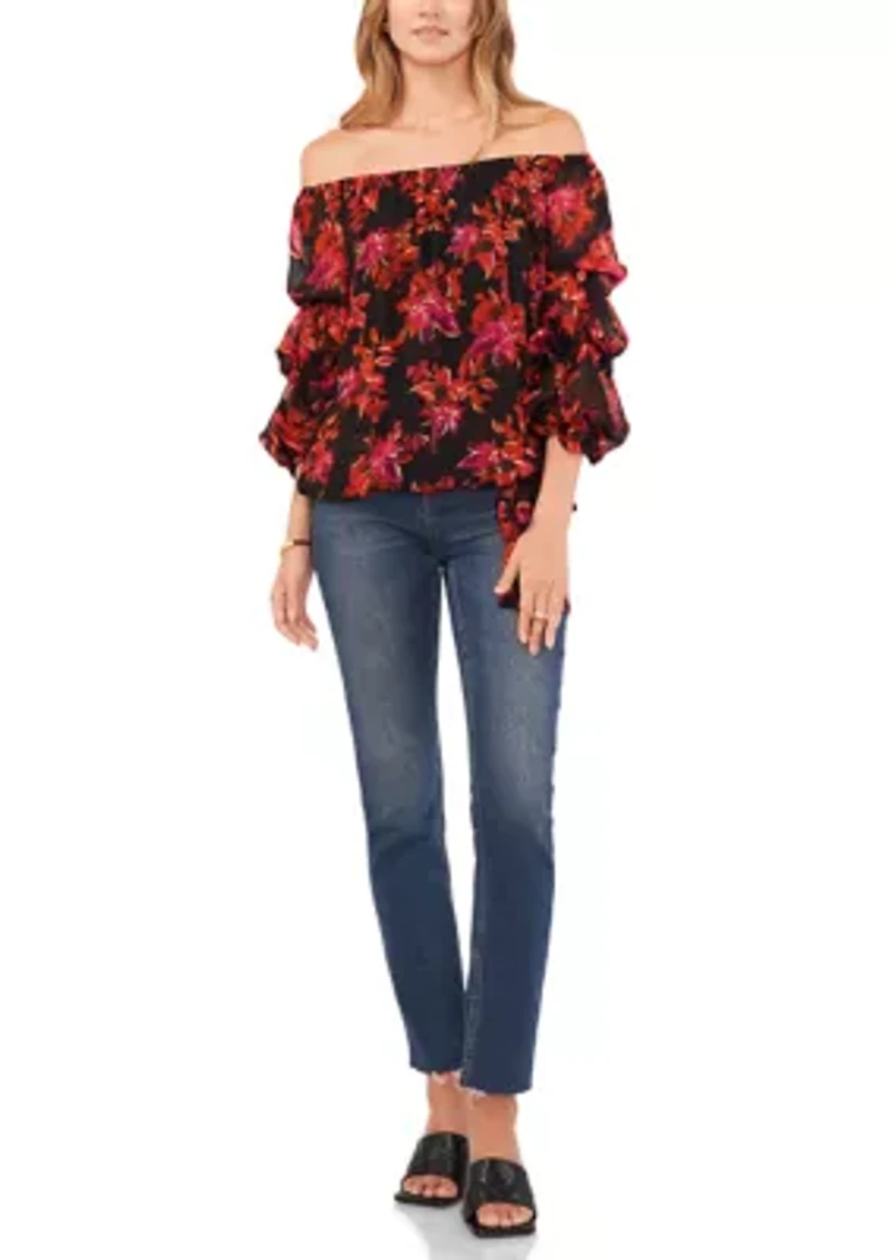 Petite Cha Sleeve Floral Off the Shoulder Top
