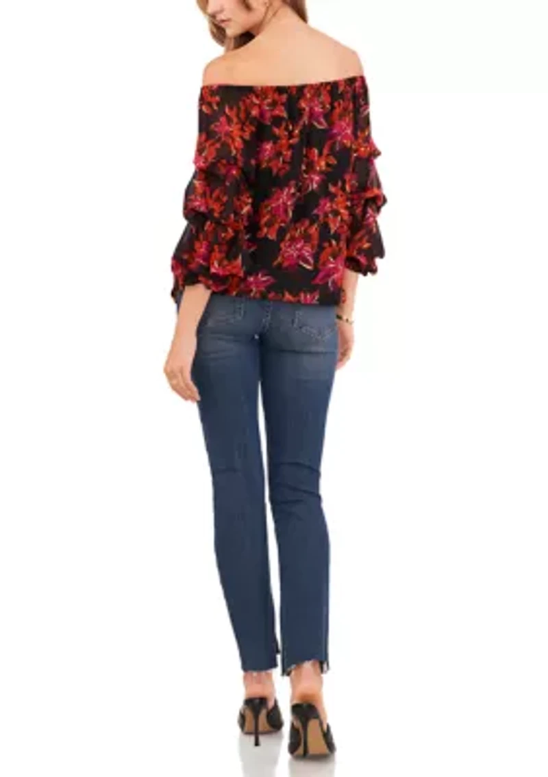 Petite Cha Sleeve Floral Off the Shoulder Top