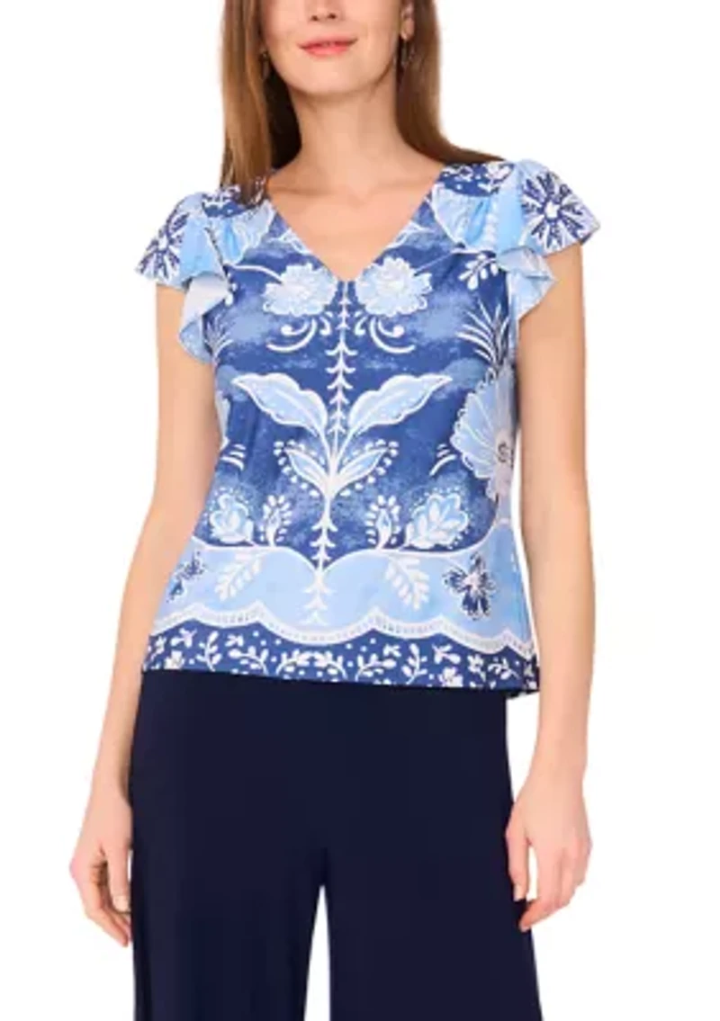 Petite Printed Flutter Sleeve Top