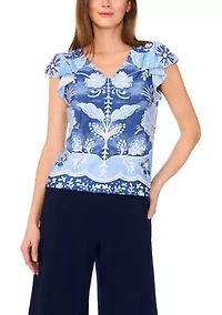 Petite Printed Flutter Sleeve Top