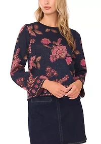 Petite Long Sleeve Floral Jacquard Sweater