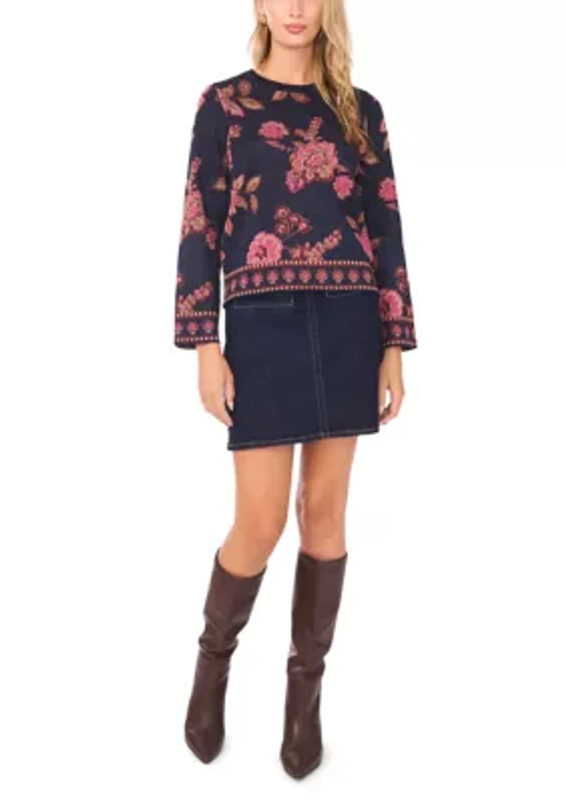 Petite Long Sleeve Floral Jacquard Sweater