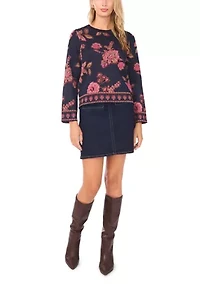 Petite Long Sleeve Floral Jacquard Sweater