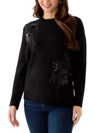 Petite Embellished Long Sleeve Crew Neck Sweater