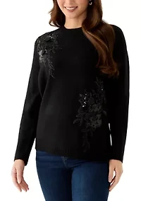 Petite Embellished Long Sleeve Crew Neck Sweater