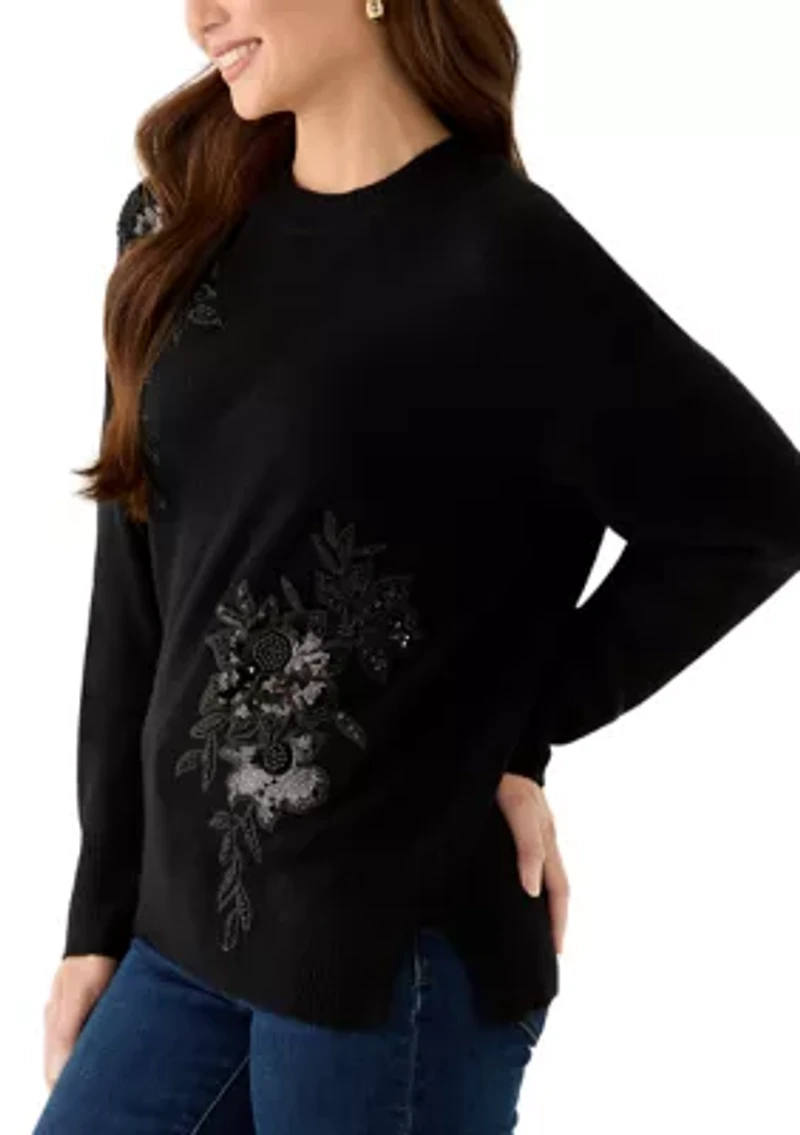 Petite Embellished Long Sleeve Crew Neck Sweater