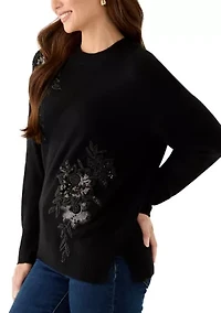 Petite Embellished Long Sleeve Crew Neck Sweater