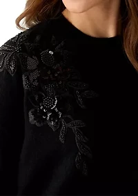 Petite Embellished Long Sleeve Crew Neck Sweater