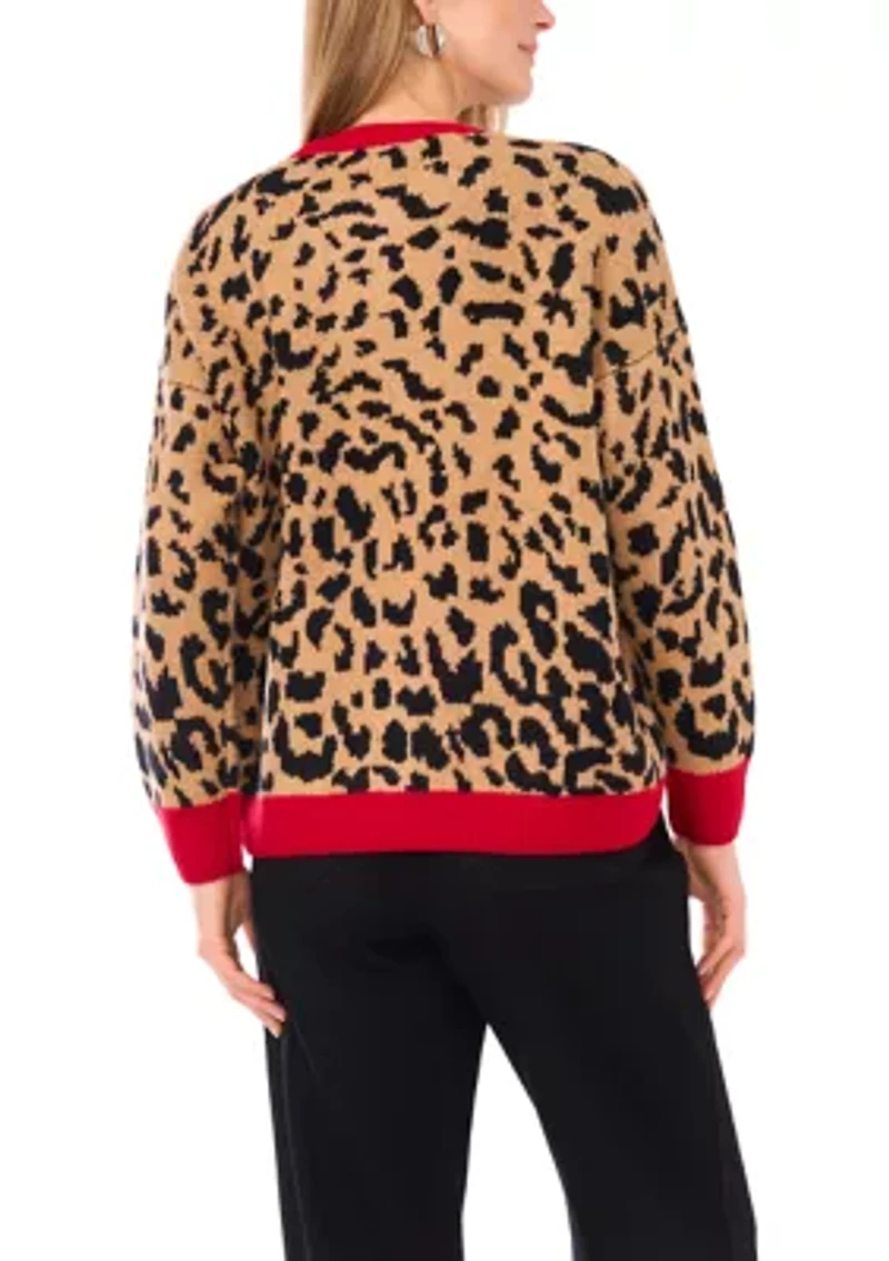Petite Long Sleeve Tipped Leopard Sweater
