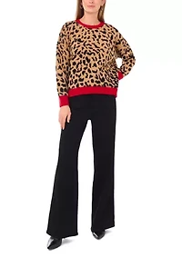 Petite Long Sleeve Tipped Leopard Sweater