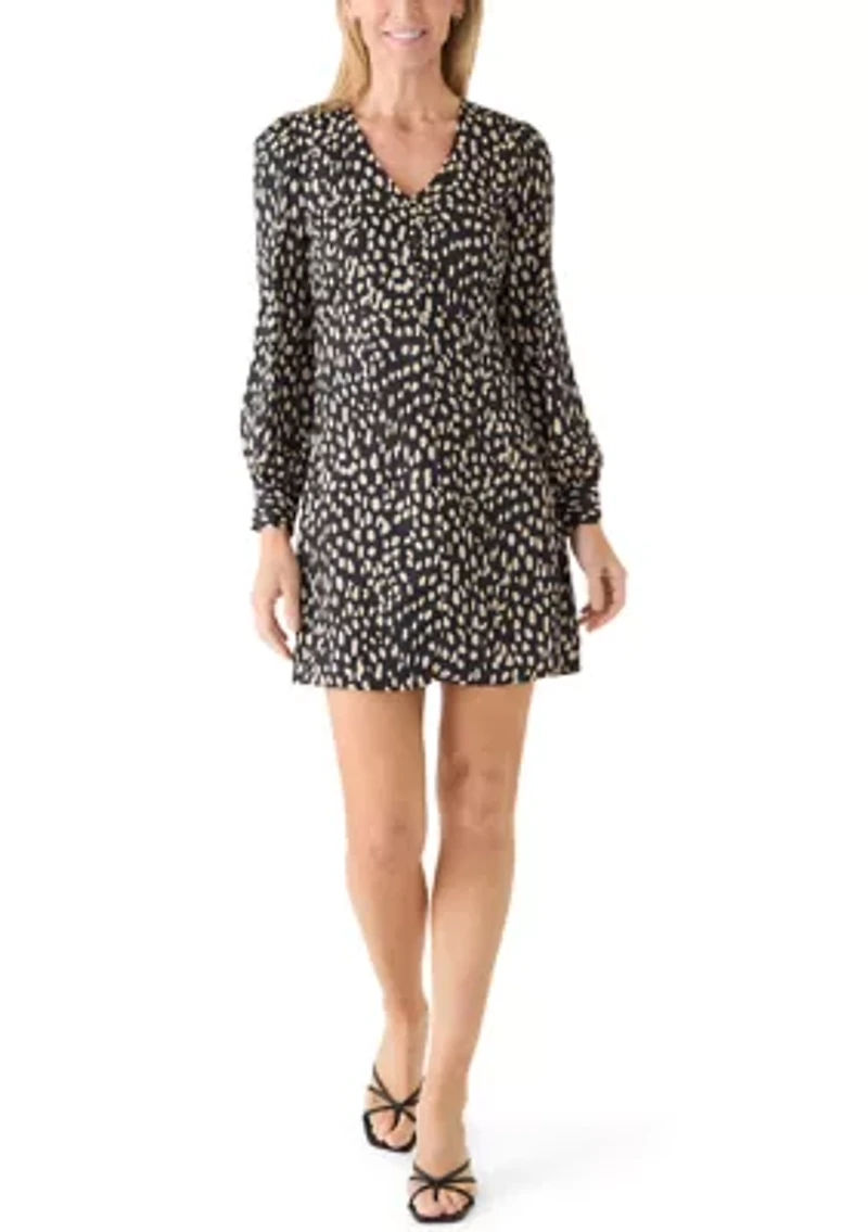 Petite Long Sleeve Animal Print V-Neck Button Down Dress