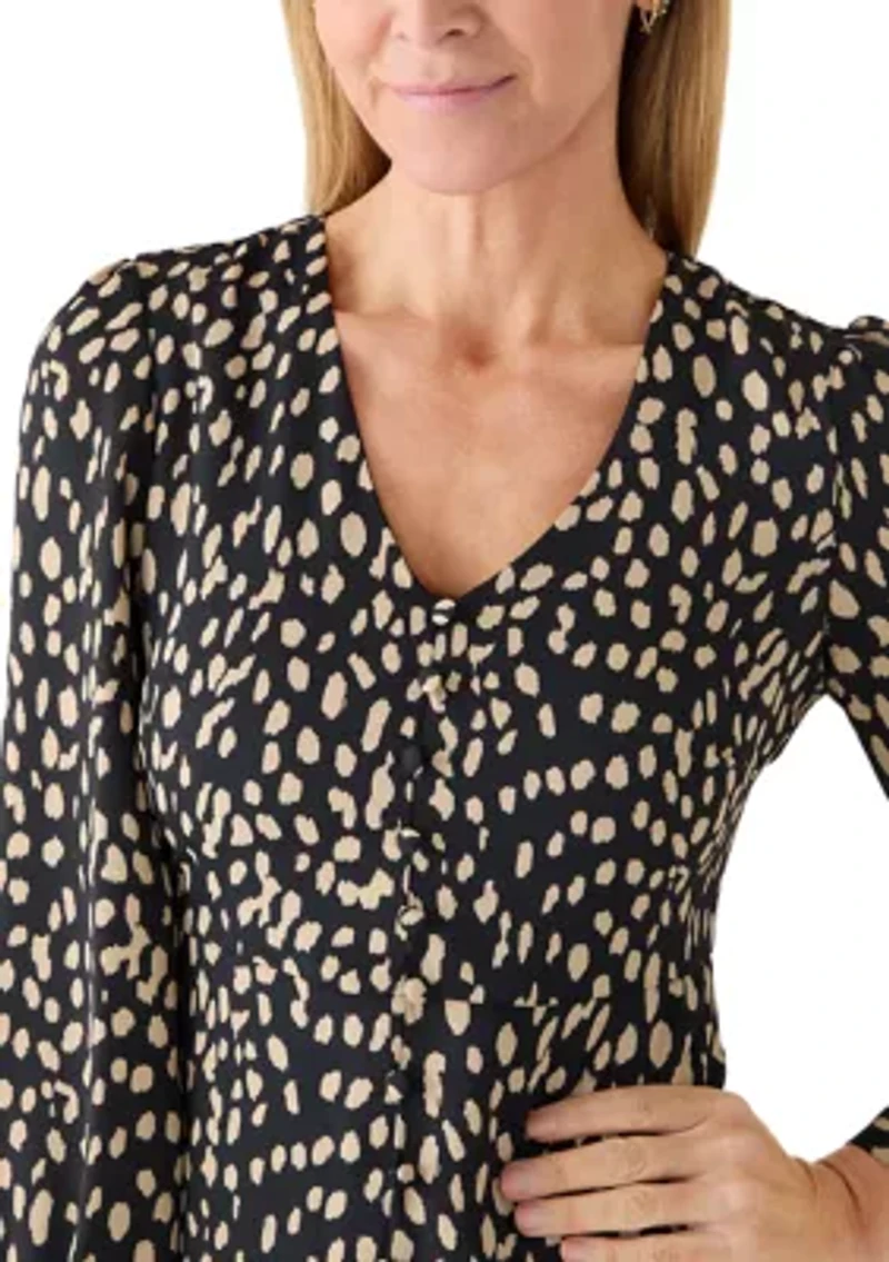 Petite Long Sleeve Animal Print V-Neck Button Down Dress