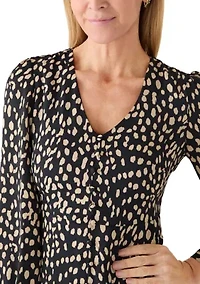 Petite Long Sleeve Animal Print V-Neck Button Down Dress