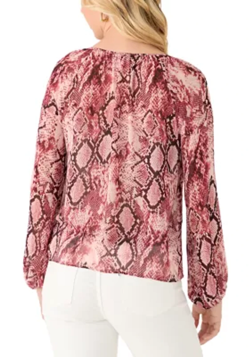 Women's Keyhole Front Snake Print Peasant Blouse